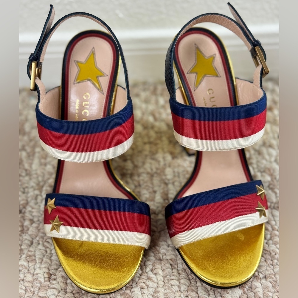 Gucci SYLVIE WEB Grosgrain Aline High Heel Sandals Size 36 1/2 - Picture 1 of 8